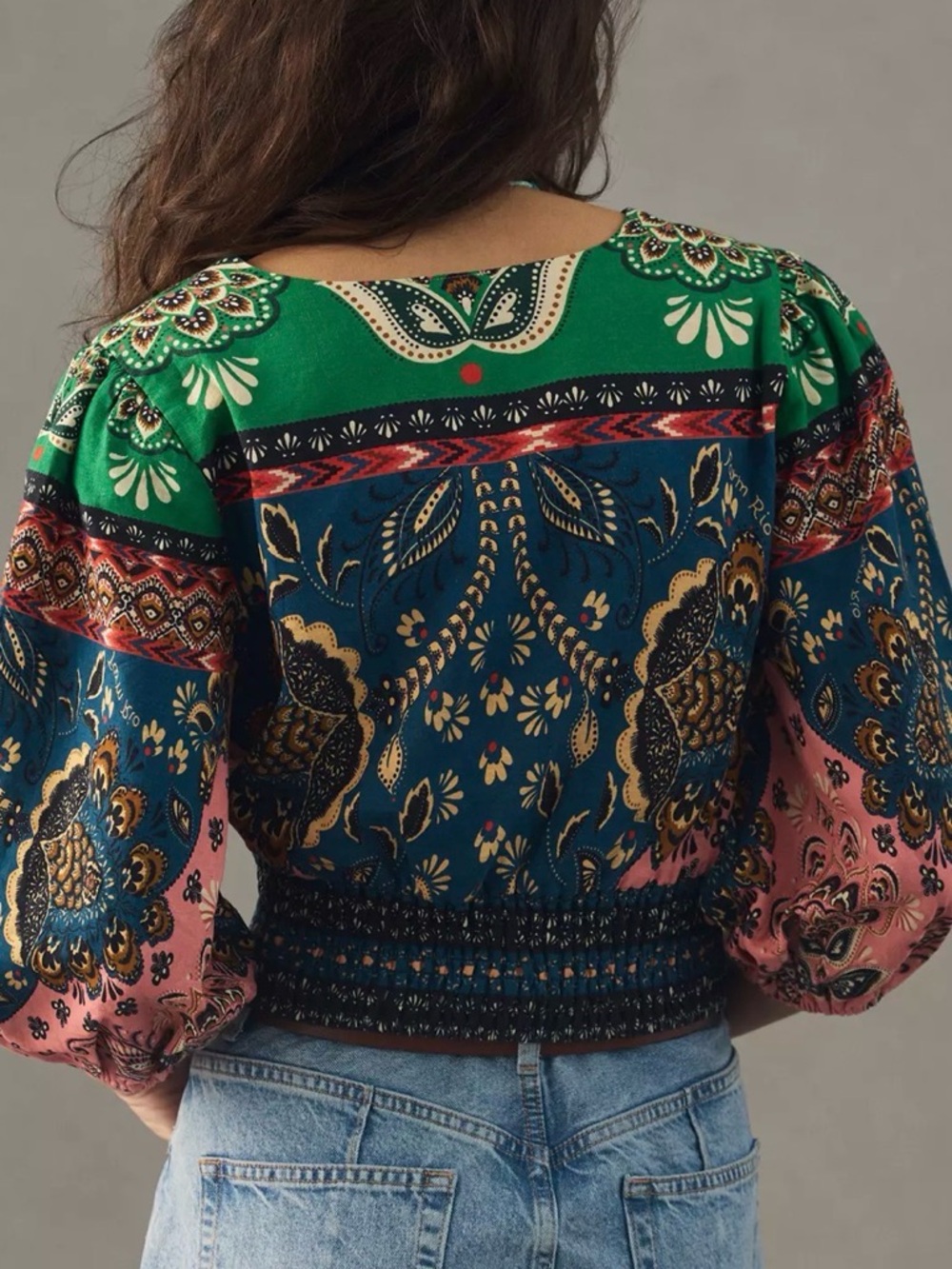 FARM Rio Multicolor V-Neck Smocked Crop Top - Picture 3 of 5